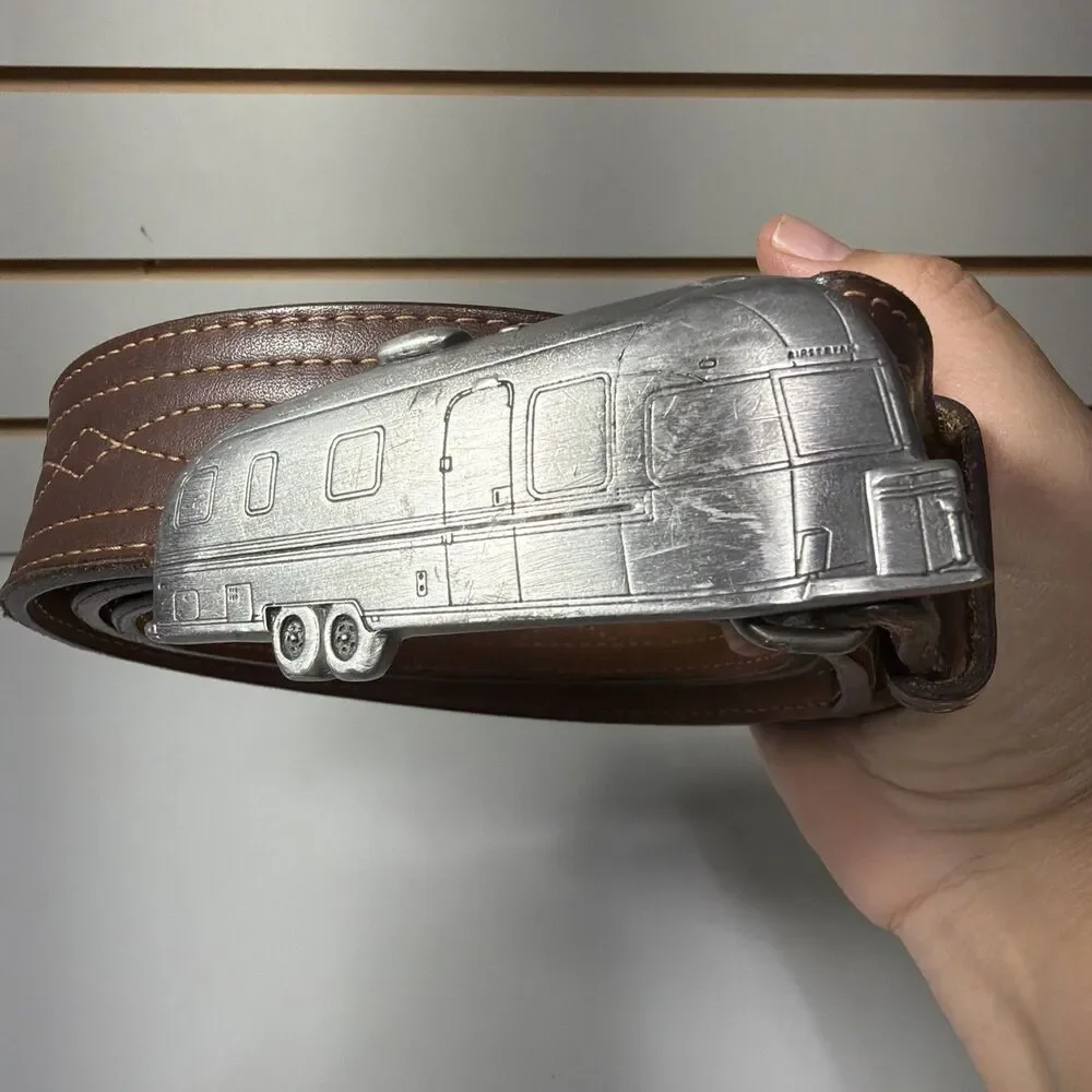 Genuine Pewter Airstream Motorhome Camper Trailer 1984 Vtg Buckle Leather Belt